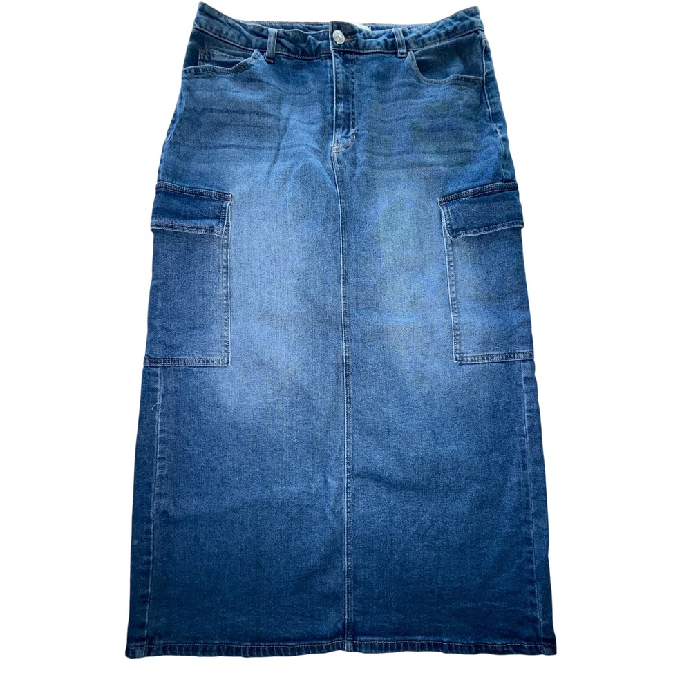 Madden Girl Women's Denim Cargo Maxi Skirt Medium Wash Blue Utility Size L